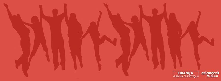 Imagem vermelha com desenho de silhueta de pessoas saltando com as mãos dadas, imagem descreve: Criança precisa de proteção.
