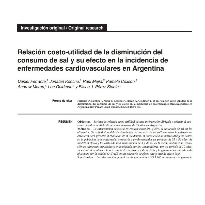 Imagem da capa do livro em espanhol: Relación costo-utilidad de la disminución del consumo de sal y su efecto en la incidencia de enfermedades cardiovasculares en Argentina.