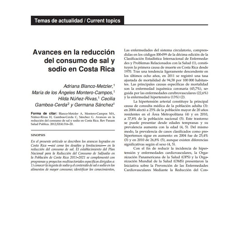 Imagem da capa do documento: Avances en la reducción del consumo de sal y sodio en Costa Rica.