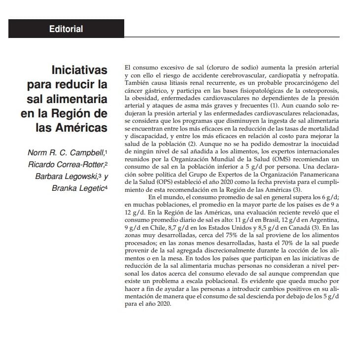 Imagem da capa do documento em espanhol: Iniciativas para reducir la sal alimentaria en la Región de las Américas.