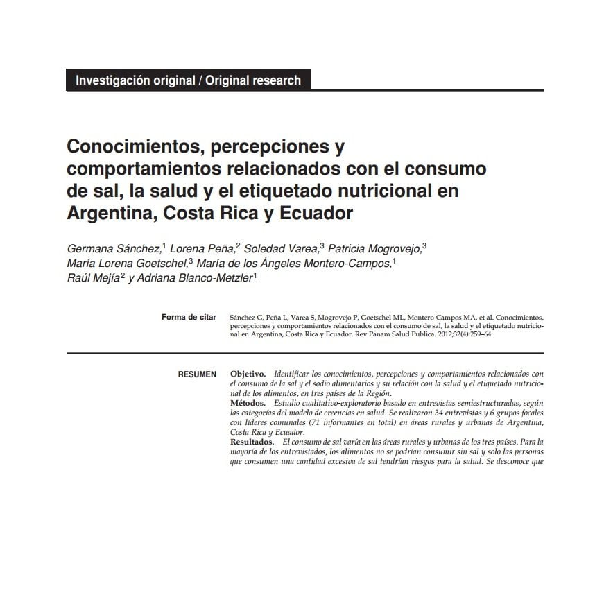 Imagem do documento em espanhol: Conocimientos, percepciones y comportamientos relacionados con el consumo de sal, la salud y el etiquetado nutricional en Argentina, Costa Rica y Ecuador.