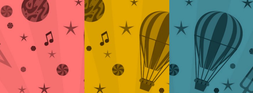 Imagem de desenho de balões estrelas e notas musicais, com três tons de cores, vermelho, amarelo e azul.