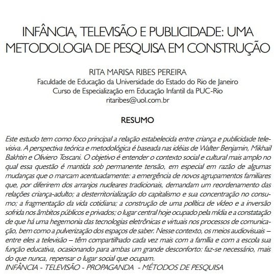 Imagem da capa do documento: Infância, televisão e publicidade: uma metodologia de pesquisa em construção.