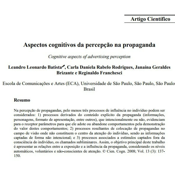 Imagem da capa do documento: Aspectos cognitivos da percepção na propaganda.
