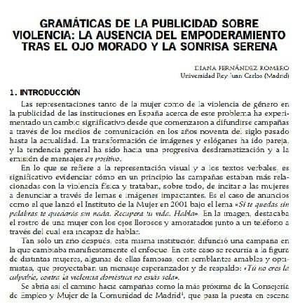 Imagem da capa do documento em Espanhol: Gramáticas de la publicidad sobre violencia: La ausencia del empoderamiento tras el ojo morado y la sonrisa serana.