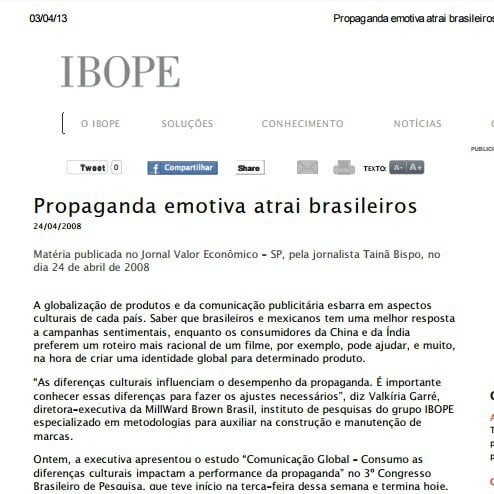 Foto de uma matéria do IBOPE: Propaganda emotiva atrai brasileiros.