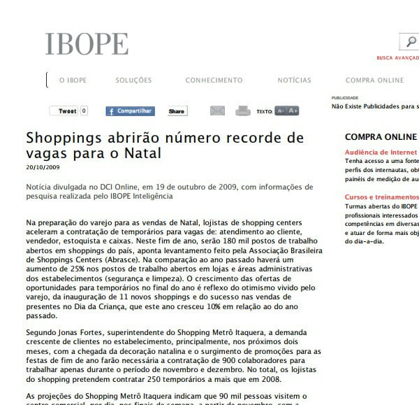 Foto de matéria do IBOPE: Shoppings abrirão número recorde de vagas para o Natal.