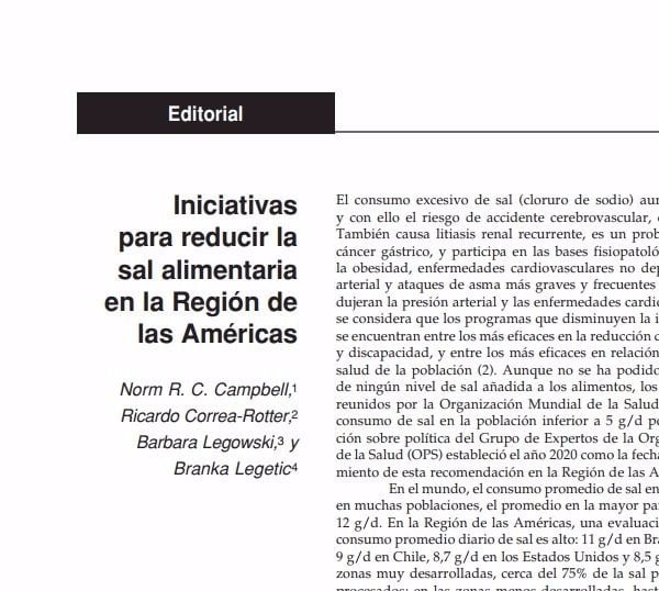 Imagem da capa do documento em espanhol descreve: Iniciativas para reducir la sal alimentaria en la Región de las Américas.