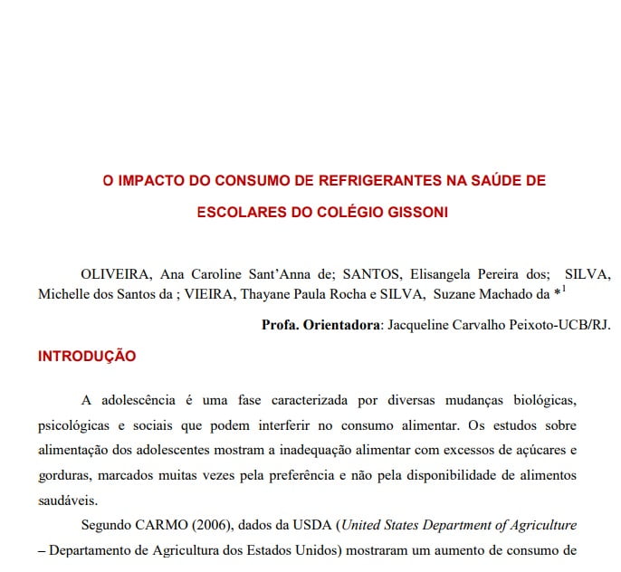 Imagem da capa do documento: O impacto do consumo de refrigerantes na saúde de escolares do colégio Gissoni.