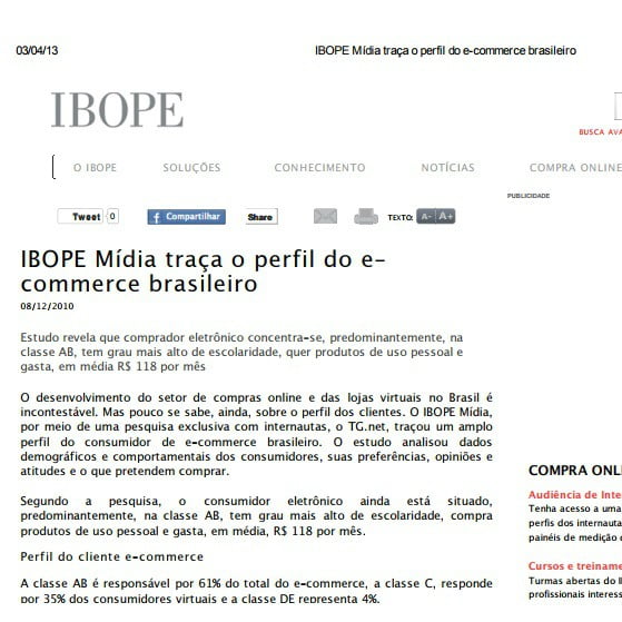 Foto de uma matéria do IBOPE: IBOPE mídia traça o perfil do e-commerce brasileiro.