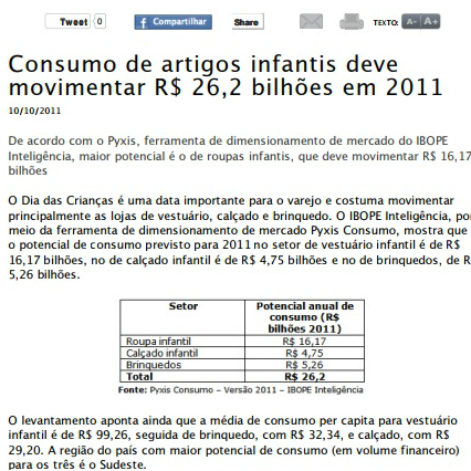 Imagem de uma matéria: Consumo de artigos infantis de movimentar R$26,2 bilhões em 2011.