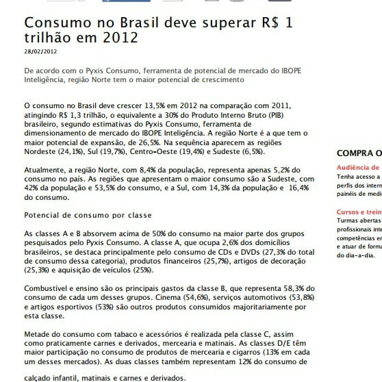 Foto de uma matéria: Consumo no Brasil deve superar R$ 1 trilhão 2012