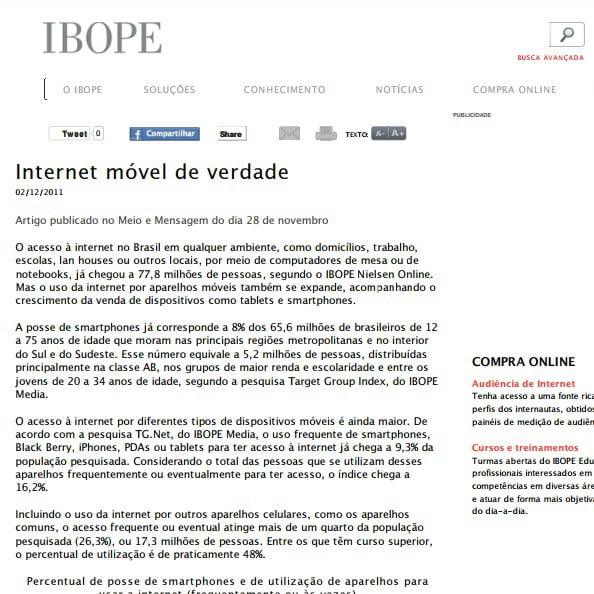 Imagem de uma matéria IBOPE: Internet móvel de verdade.