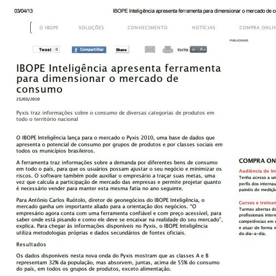 Foto de uma matéria: IBOPE Inteligência apresenta ferramenta para dimensionar o mercado de consumo.