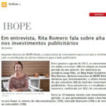 Foto de uma matéria da IBOPE: “Em entrevista, Rita Romero fala sobre alta nos investimentos publicitários”.