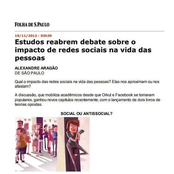 Foto de matéria da Folha de S.Paulo: Estudos reabrem debate sobre o impacto de redes sociais na vida das pessoas.