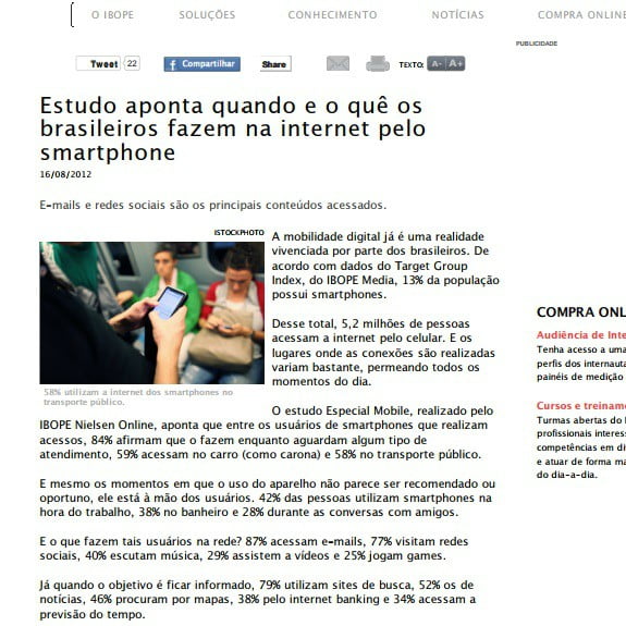 Imagem de uma matéria: Estudo aponta quando e o quê os brasileiros fazem na internet pelo smartphone.