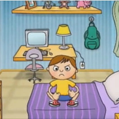 Desenho de uma criança em um quarto, em cima da cama ele está enfurecido.