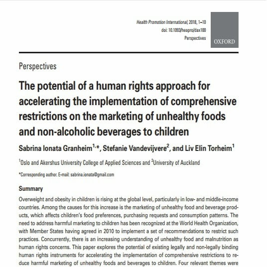 Capa do documento em inglês: The potentia of a human rights approach for accelerating the implementation of comprehensive restrictions on the marketing of unhealthy foods and non-alcoholic beverges to children.