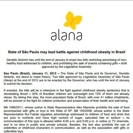Imagem do documento em inglês: State of São Paulo may lead bettle against chilhood obesity in Brazil.