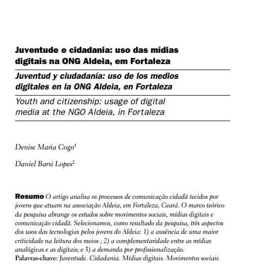 Capa do documento: Juventude e cidadania: uso das mídias digitais na ONG Aldeia, em Fortaleza.