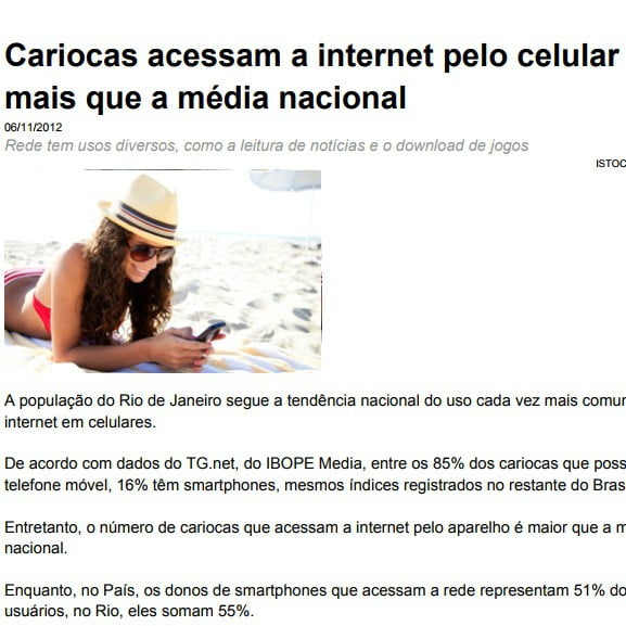 Foto de uma página de matéria: Cariocas acessa a internet pelo celular mais que a média nacional.