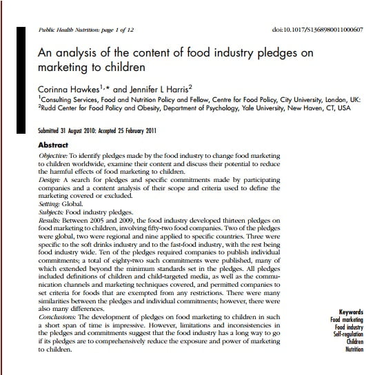 Capa do texto em inglês: An analysis of the content of food industry pledges on
marketing to children.