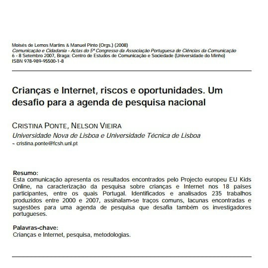 Capa do documento Criança e Internet, riscos e oportunidade. Um desafio para a agenda de pesquisa nacional.