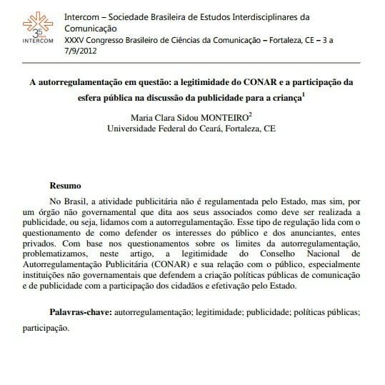 Imagem da primeira página do artigo: A autorregulamentação em questão: a legitimidade do CONAR e a participação da esfera pública na discussão da publicidade para criança.