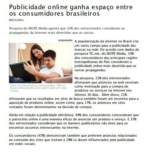Foto de uma página de matéria: Publicidade online ganha espaço entre os consumidores brasileiros.