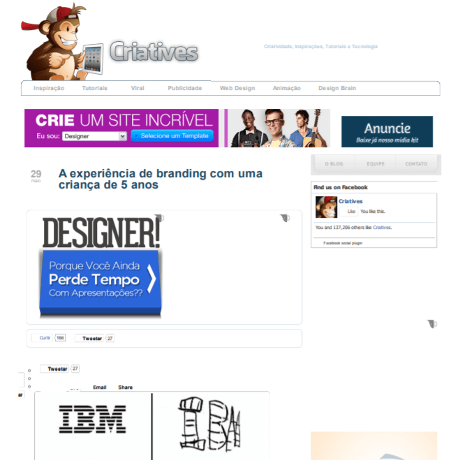 Captura de tela da página Criatives, o título da página é: "A experiência de branding com uma criança de cinco anos".