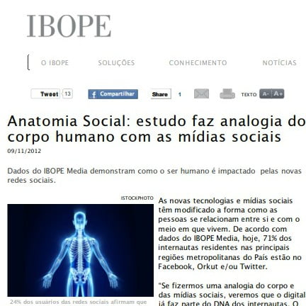 Foto de uma matéria da IBOPE: “Anatomia Social: estudo faz analogia do corpo humano com as mídias sociais”.