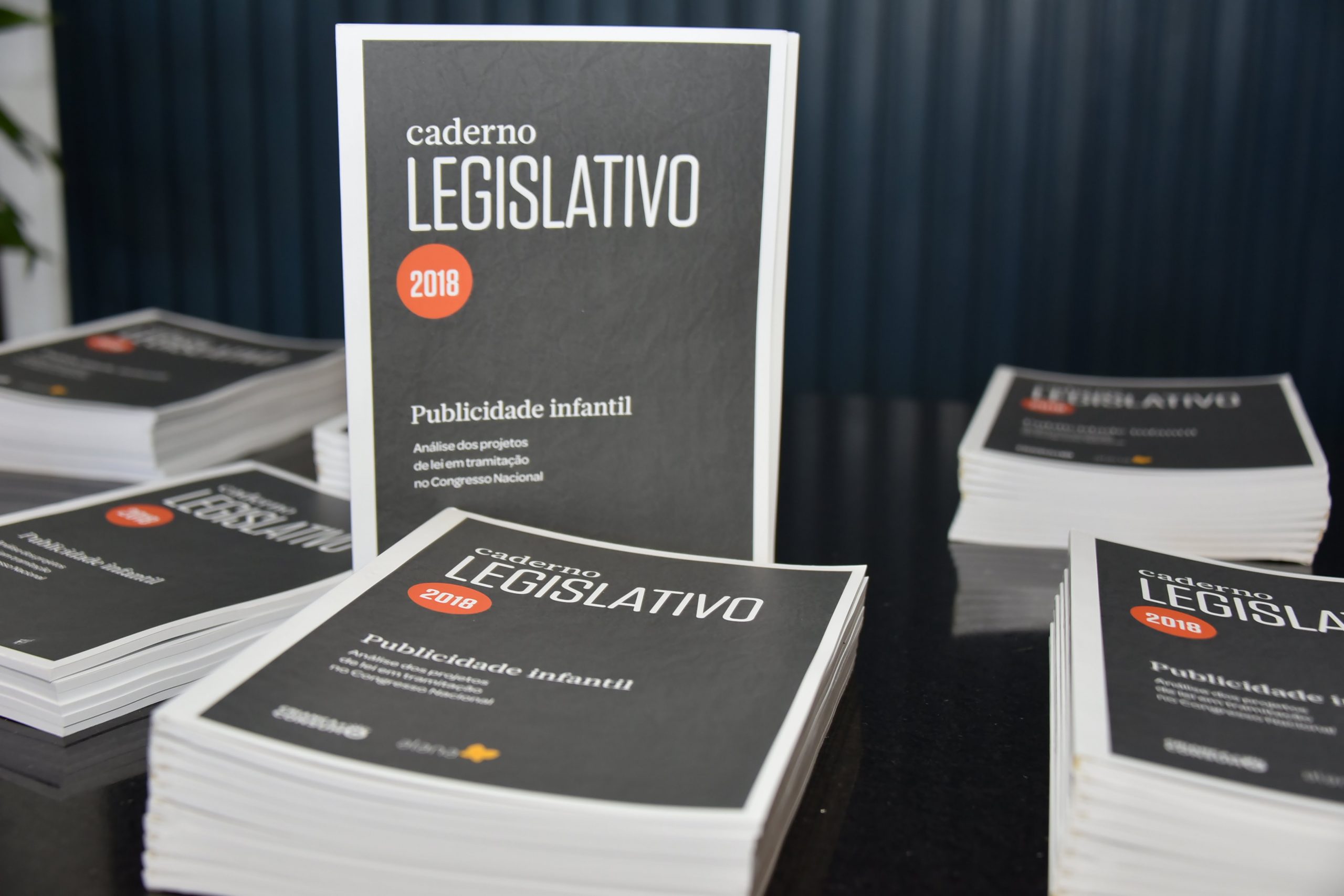 Foto com vários cadernos em cima de uma mesa, o título deste caderno é: “Caderno legislativo 2018”.