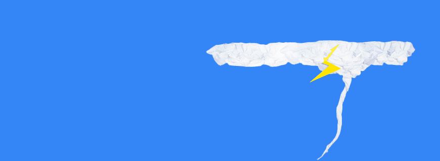 em fundo azul, ilustração de uma nuvem com um tornado feito de papel e um raio amarelo dentro como imagem de apoio ao texto sobre criança precisa se frustrar