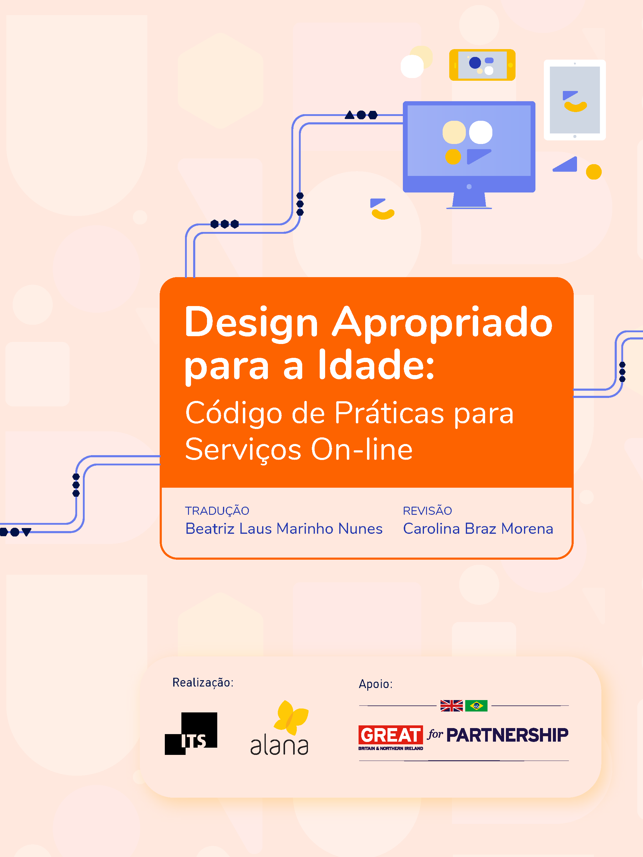 capa do documento "Design Apropriado para a idade: Código de Práticas para Serviços On-line" com logos do ITS, Instituto Alana e embaixada britânica