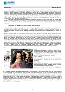 página da prova de vestibular da Unicamp com a proposta de redação sobre influenciadores mirins e exploração comercial infantil na internet