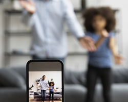 foto de um celular gravando um pai e uma filha dançando ao fundo sem foco como imagem de apoio ao texto sobre Wesley Safadão e Sharenting